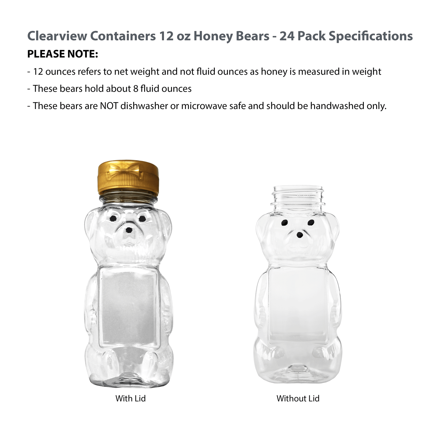 Clearview Containers - 24 Pack of 12 Ounce Clear Honey Bears with Sealable Gold Flip Top Lids (12 oz. Clear Bear, 24pk, Gold)