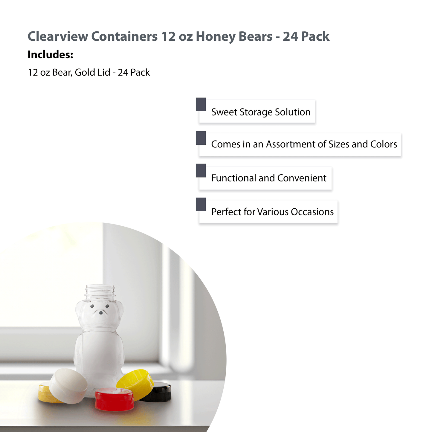 Clearview Containers - 24 Pack of 12 Ounce Clear Honey Bears with Sealable Gold Flip Top Lids (12 oz. Clear Bear, 24pk, Gold)