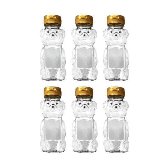 Clearview Containers - 6 Pack of 12 Ounce Clear Honey Bears with Sealable Gold Flip Top Lids (12 oz. Clear Bear, 6pk, Gold)