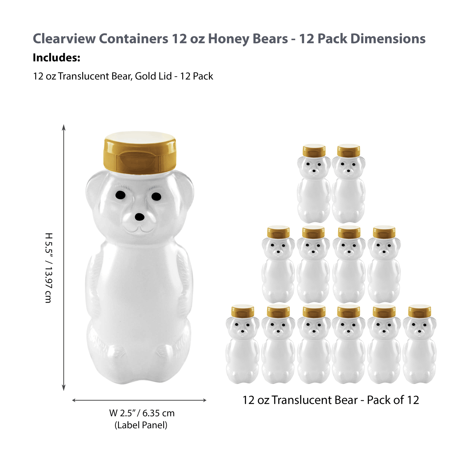 Clearview Containers - 12 Pack of 12 Ounce Cloudy Honey Bears with Sealable Gold Flip Top Lids (12 oz. Cloudy Bear, 12pk, Gold)