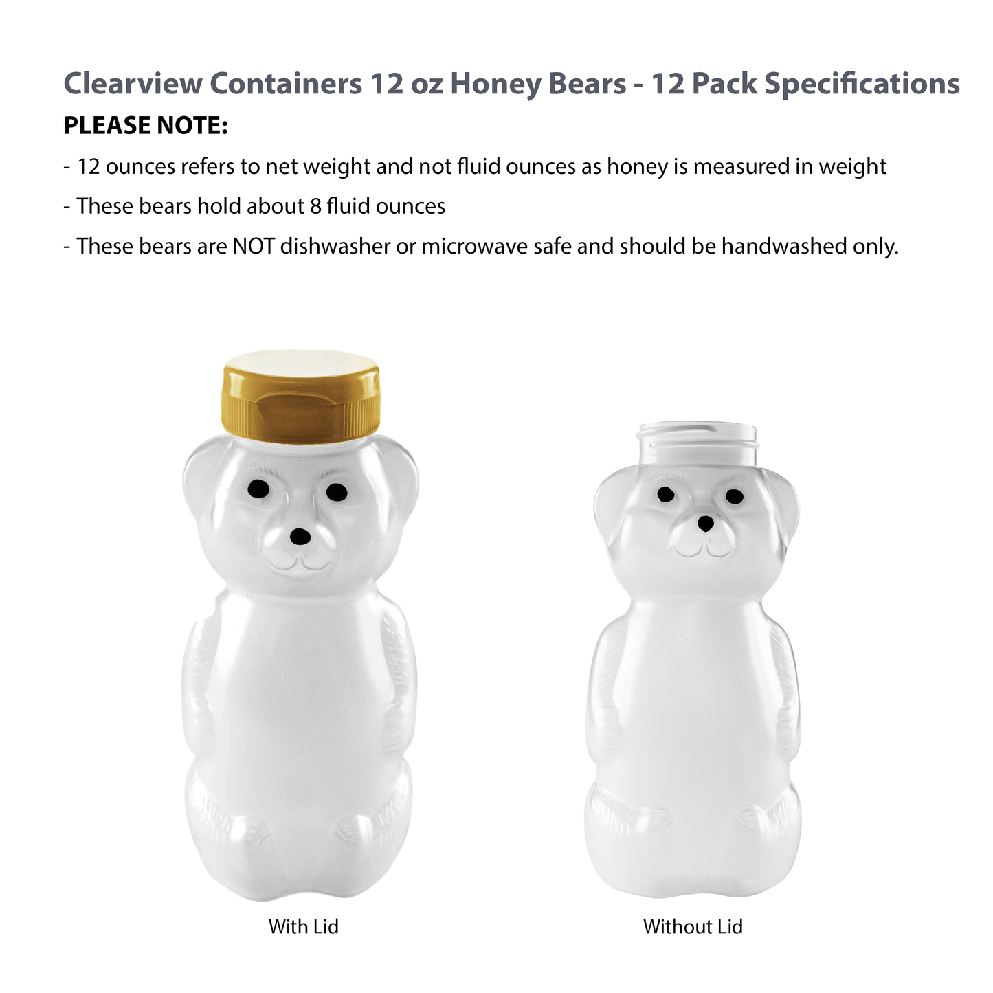 Clearview Containers - 12 Pack of 12 Ounce Cloudy Honey Bears with Sealable Gold Flip Top Lids (12 oz. Cloudy Bear, 12pk, Gold)