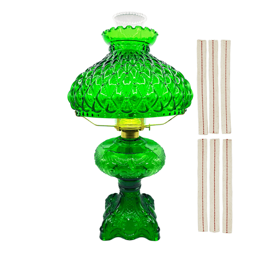 Light of Mine - Princess Feather Dark Green Oil Lamp Assembly with 10" Dark Green Quilted Shade and 100% Cotton Replacement 3/4" Wick Strips