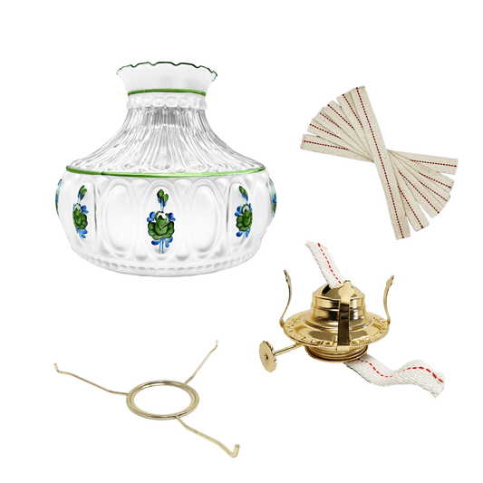 Light of Mine - Princess Feather Oil Lamp Replacement Kit Including 10" Flat Tripod, 10" Green Floral Shade, No. 2 Brass Plated Burner, and 100% Cotton 3/4" Replacement Wick Strips
