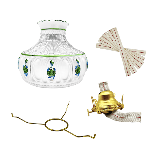 Light of Mine - Princess Feather Oil Lamp Replacement Kit Including 10" Round Tripod, 10" Green Floral Shade, Solid Brass Queen Anne Burner, and 100% Cotton 3/4" Replacement Wick Strips