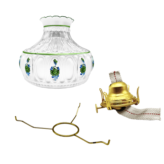 Light of Mine - Princess Feather Oil Lamp Replacement Kit Including 10" Round Tripod, 10" Green Floral Shade, and Solid Brass Queen Anne Burner