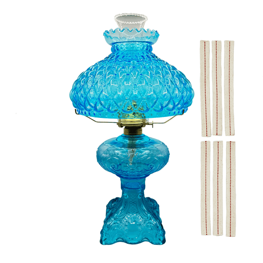 Light of Mine - Princess Feather Light Blue Oil Lamp Assembly with 10" Light Blue Quilted Shade and Replacement 3/4" Wick Strips