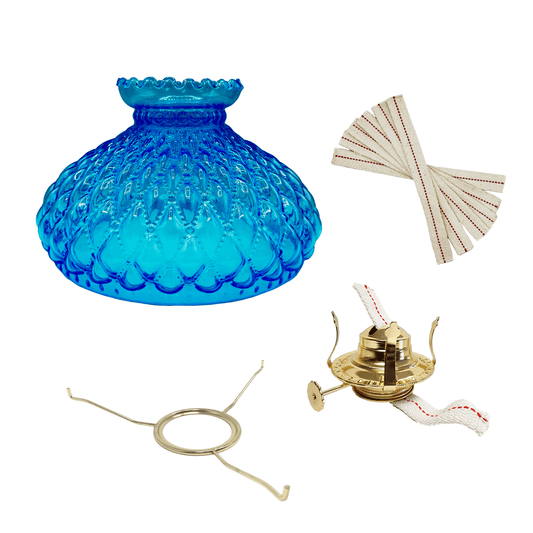 Light of Mine - Princess Feather Oil Lamp Replacement Kit Including 10" Flat Tripod, 10" Light Blue Quilted Shade, No. 2 Brass Plated Burner, and 100% Cotton 3/4" Replacement Wick Strips