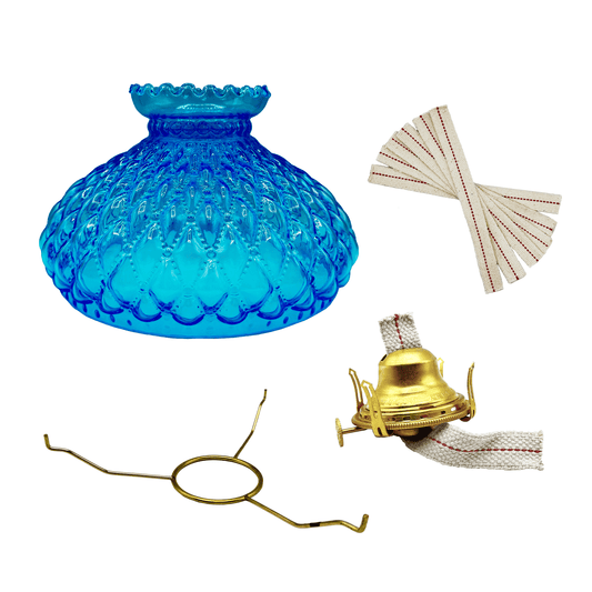 Light of Mine - Princess Feather Oil Lamp Replacement Kit Including 10" Light Blue Quilted Shade, Queen Anne Burner, 10" Round Tripod, and Replacement 3/4" Wick Strips