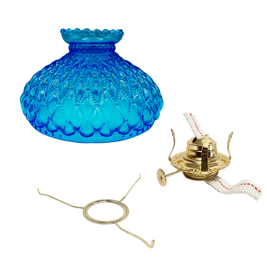 Light of Mine - Princess Feather Oil Lamp Replacement Kit Including 10" Light Blue Quilted Shade, #2 Brass Plated Burner and 10" Flat Tripod