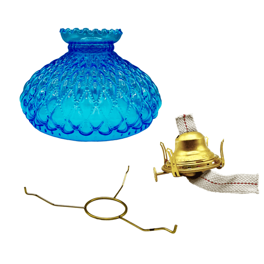 Light of Mine - Princess Feather Oil Lamp Replacement Kit Including 10" Light Blue Quilted Shade, Queen Anne Solid Brass Burner, and 10" Round Tripod