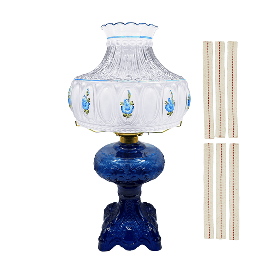 Light of Mine - Princess Feather Medium Blue Oil Lamp Assembly with 10" Blue Floral Shade and 100% Cotton Replacement 3/4"  Wick Strips