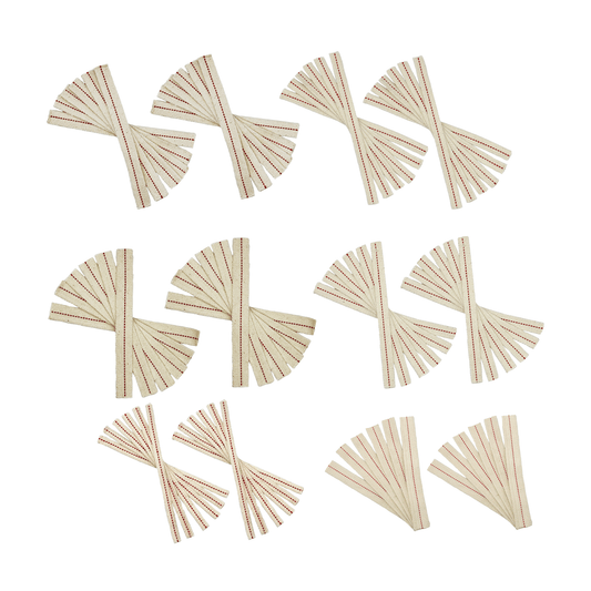 Light of Mine - 3/8", 1/2", 5/8", 3/4", 7/8" and 1" - 8" Wick Strips, 100% Cotton Flat Wick - 12 of Each, for Paraffin Oil, Kerosene Based Lanterns, and Oil Lamps with Genuine Red Stitch