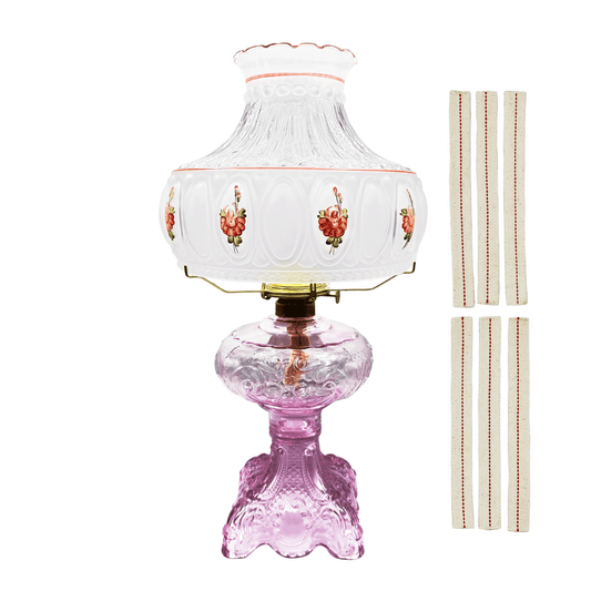 Light of Mine - Princess Feather Pink Oil Lamp Assembly with 10" Pink Floral Shade and 100% Cotton Replacement 3/4" Wick Strips