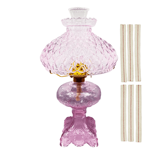 Light of Mine - Princess Feather Pink Oil Lamp Assembly with 10" Pink Quilted Shade and 100% Cotton Replacement 3/4" Wick Strips