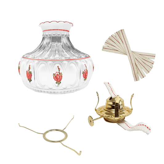 Light of Mine - Princess Feather Oil Lamp Replacement Kit Including 10" Pink Floral Shade, #2 Brass Plated Burner, 10" Flat Tripod, Replacement 3/4" Wick Strips