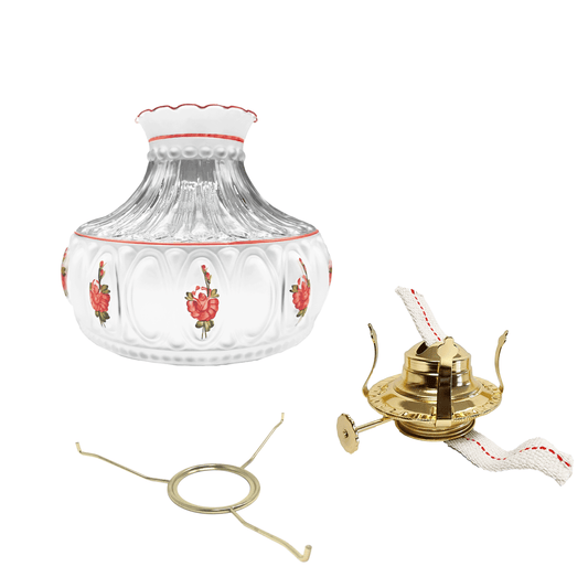 Light of Mine - Princess Feather Oil Lamp Replacement Kit Including 10" Pink Floral Shade, #2 Brass Plated Burner, and 10" Flat Tripod