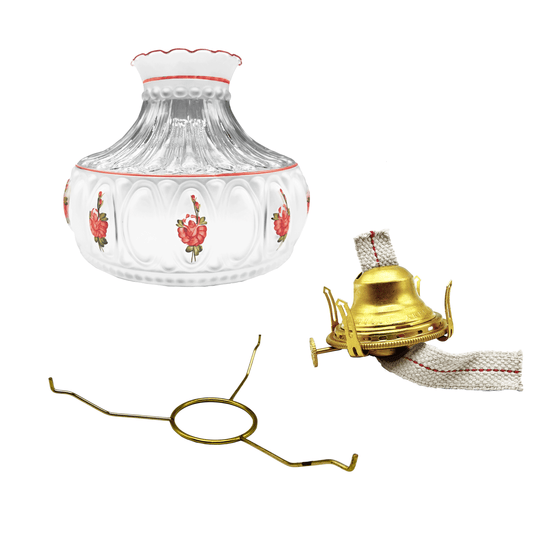 Light of Mine - Princess Feather Oil Lamp Replacement Kit Including 10" Pink Floral Shade, Solid Brass Queen Anne Burner, and 10" Round Tripod