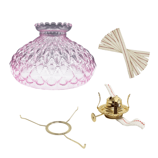 Light of Mine - Princess Feather Oil Lamp Replacement Kit Including 10" Flat Tripod, 10" Pink Quilted Shade, No. 2 Brass Plated Burner, and 100% Cotton 3/4" Replacement Wick Strips