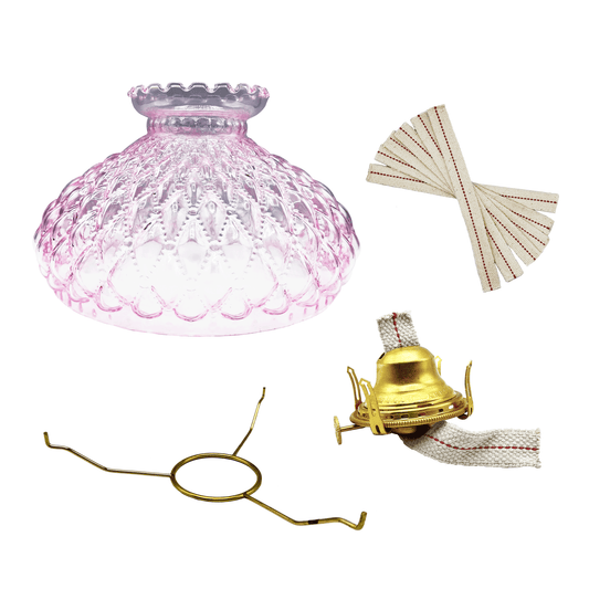 Light of Mine - Princess Feather Oil Lamp Replacement Kit Including 10" Pink Quilted Shade, Queen Anne Burner, 10" Round Tripod, and Replacement 3/4" Wick Strips