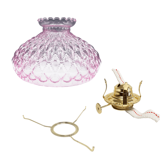 Light of Mine - Princess Feather Oil Lamp Replacement Kit Including 10" Flat Tripod, 10" Pink Quilted Shade, and No. 2 Brass Plated Burner