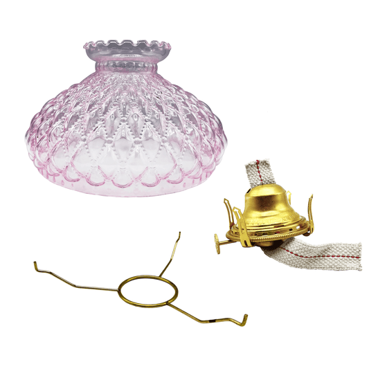 Light of Mine - Princess Feather Oil Lamp Replacement Kit Including 10" Pink Quilted Shade, Queen Anne Solid Brass Burner, and 10" Round Tripod