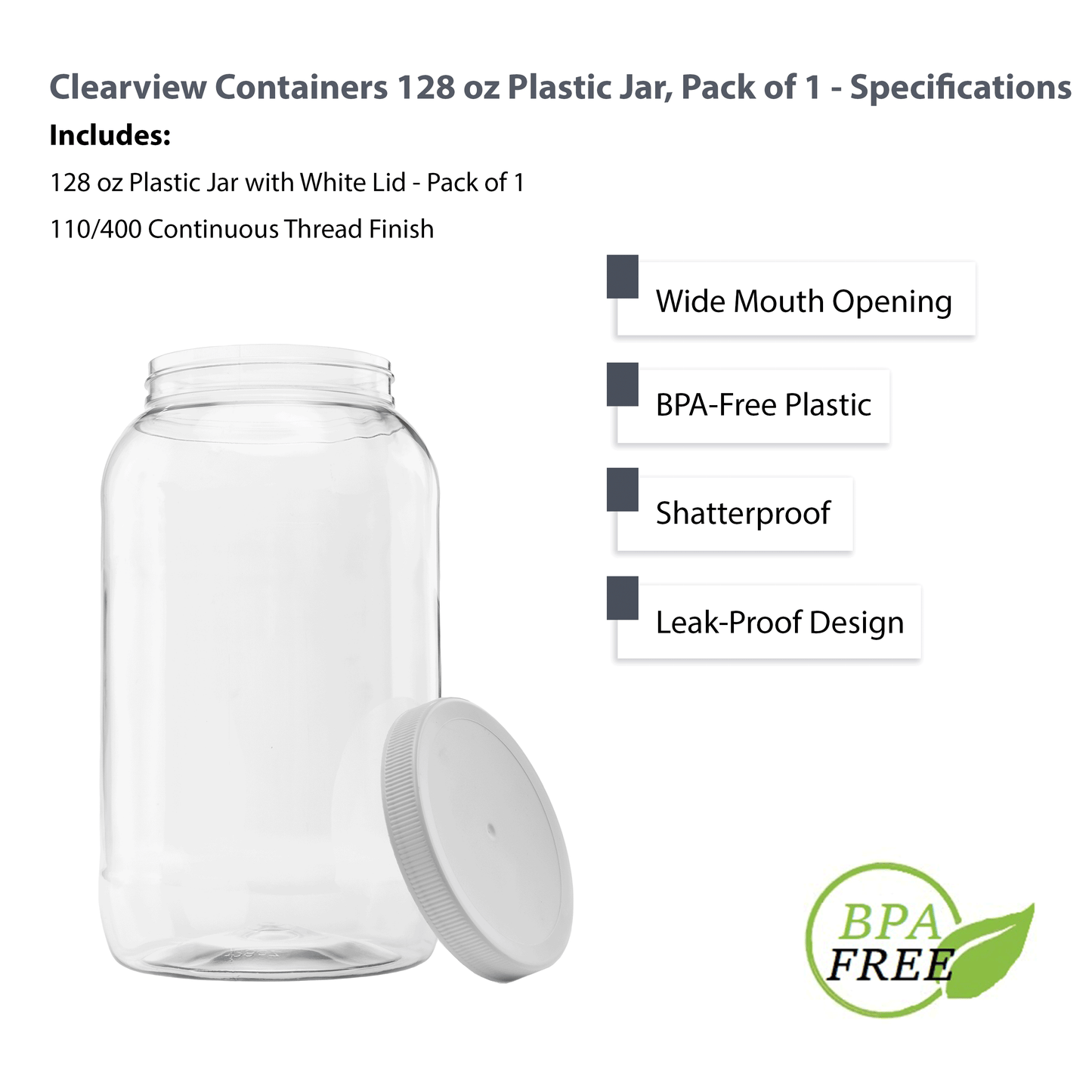 1 gallon plastic jar, wide mouth, clear, with lined fresh seal lid, shatter-proof container storage pet 4 quarts 128 ounce