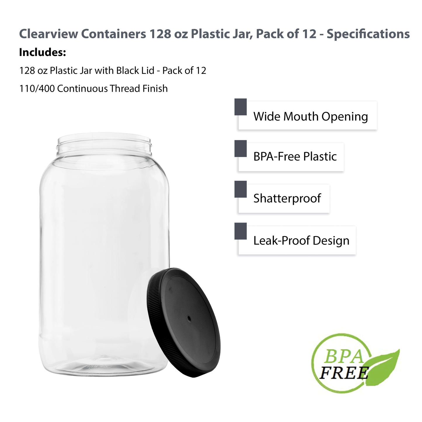 Clearview Containers - 12 Pack of 128 Ounce Plastic Gallon Jars with 110/400 Black Leak Proof Seal Lid - Food Grade and BPA Free (128oz, 12pk, BLK)
