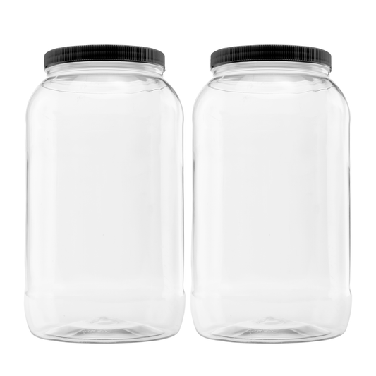 Clearview Containers - 2 Pack of 128 Ounce Plastic Gallon Jars with 110/400 Black Leak Proof Seal Lid - Food Grade and BPA Free (128oz, 2pk, BLK)