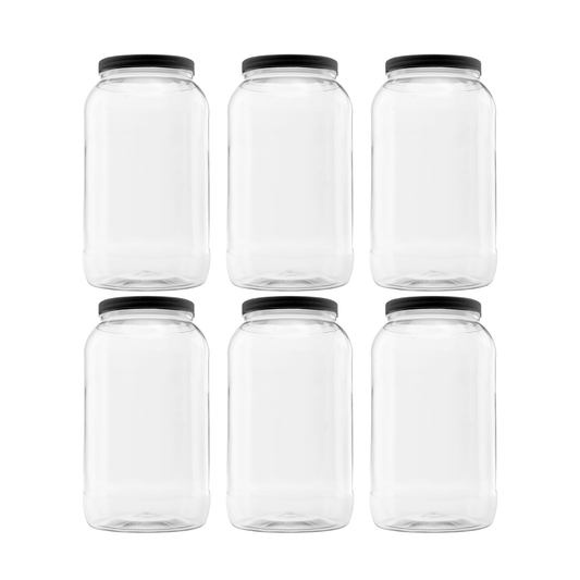 Clearview Containers - 6 Pack of 128 Ounce Plastic Gallon Jars with 110/400 Black Leak Proof Seal Lid - Food Grade and BPA Free (128oz, 6pk, BLK)