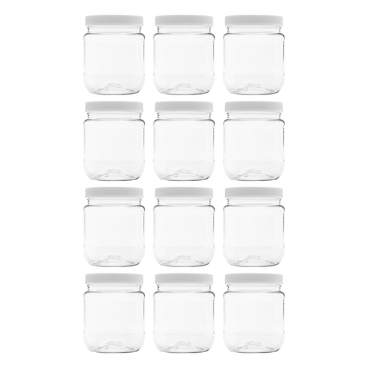 Clearview Containers - 12 Pack of 12 Ounce Plastic 1.5 Cup Jars with 70RM Leak Proof Seal Lid - Food Grade and BPA Free (12oz, 12pk)
