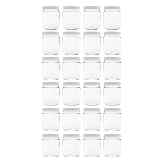 Clearview Containers - 24 Pack of 12 Ounce Plastic 1.5 Cup Jars with 70RM Leak Proof Seal Lid - Food Grade and BPA Free (12oz, 24pk)