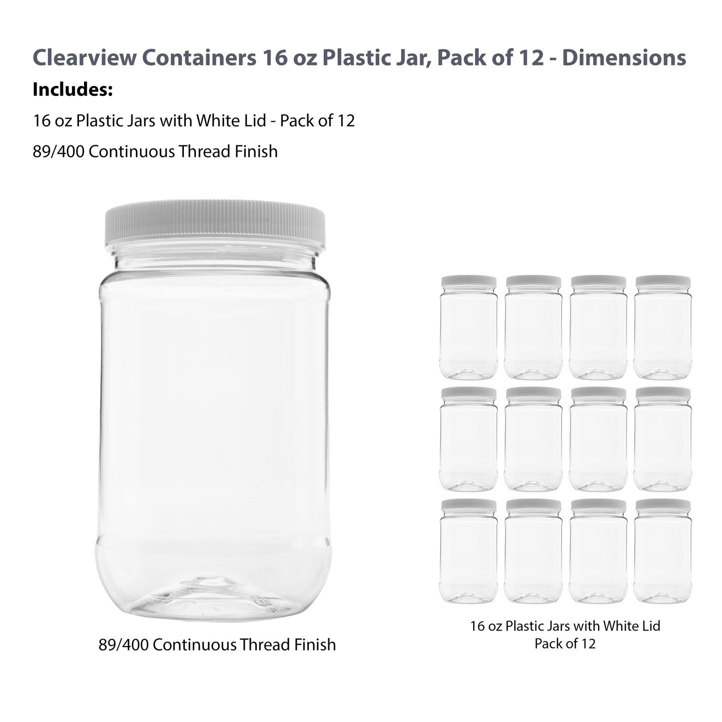 Plastic Wide Mouth Jar with Pressurized Screw On Lid Pack of 12 (16 oz) Crystal Clear Storage Container with White Pressure Sealed Foam Lined Cap É