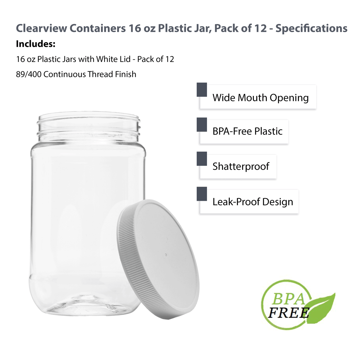 Plastic Wide Mouth Jar with Pressurized Screw On Lid Pack of 12 (16 oz) Crystal Clear Storage Container with White Pressure Sealed Foam Lined Cap É