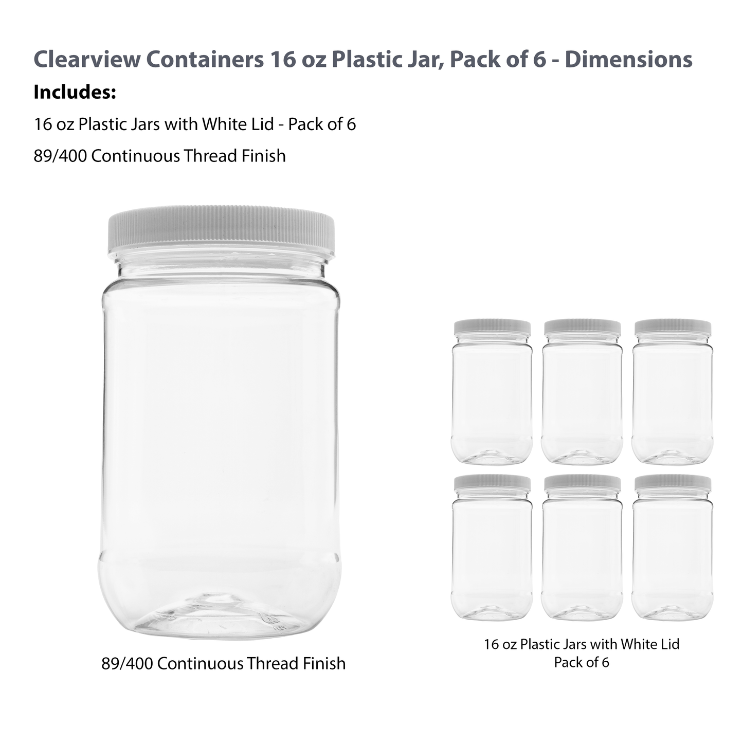 Plastic Jars with Lids - 16 oz - Pack of 6 - Clear BPA Free PET Storage Containers with Sealing Caps