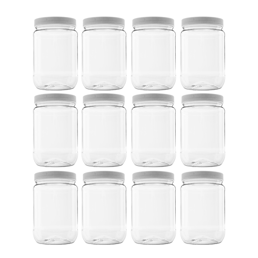 Clearview Containers |32 oz (1 Quart) Plastic Storage Containers w/Lids | Kitchen Canister Set | Food Storage Jars | Airtight Pantry Containers | Flour, Oats, Peanut Butter, Honey, Jams | Set of 12