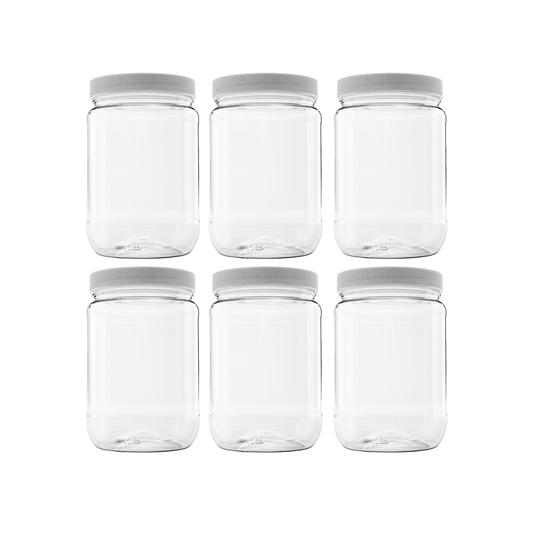 6 Pack 32 oz Plastic Wide Mouth Jars with White Screw On Lid Fresh No Leak Seal