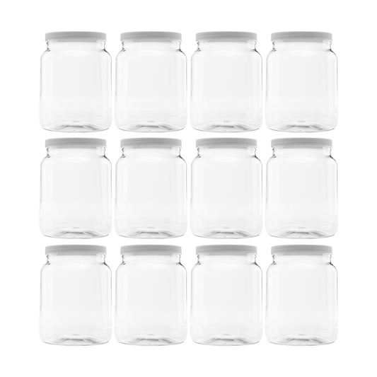 Clearview Containers - 12 Pack of 64 Ounce Plastic Half Gallon Jars with 110/400 Leak Proof Seal Lid - Food Grade and BPA Free (64oz, 12pk)
