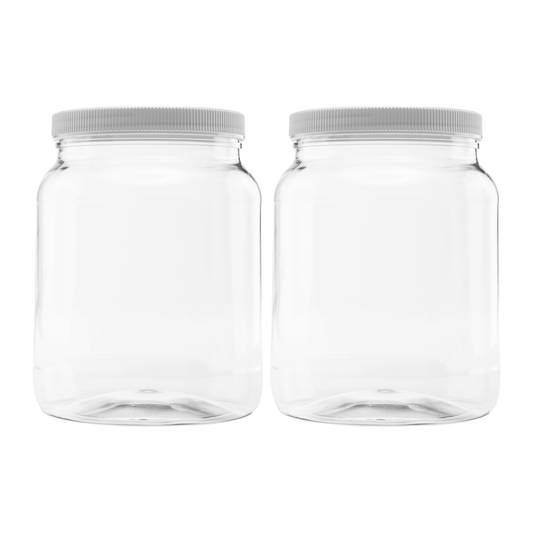 Clearview Containers - 2 Pack of 64 Ounce Plastic Half Gallon Jars with 110/400 Leak Proof Seal Lid - Food Grade and BPA Free (64oz, 2pk)