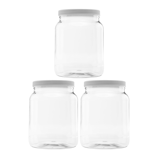 64 oz Clear Plastic Jars with lids Set of 3 with Leak proof Fresh seal lined ribbed caps 1/2 Half Gallon Storage Containers