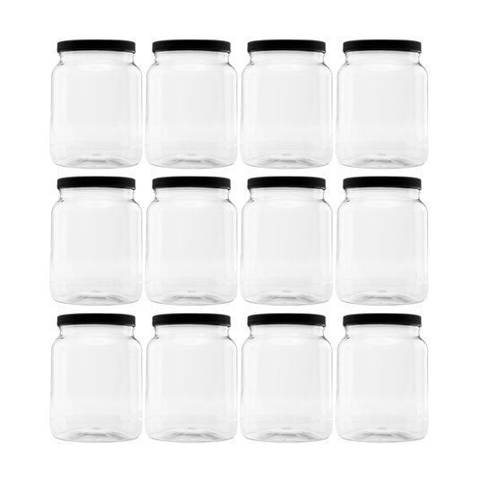 Clearview Containers - 12 Pack of 64 Ounce Plastic Half Gallon Jars with 110/400 Black Leak Proof Seal Lid - Food Grade and BPA Free (64oz, 12pk, BLK)