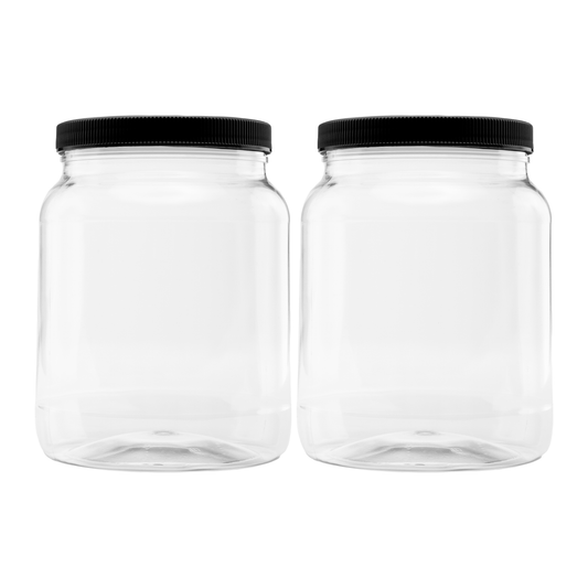 Clearview Containers - 2 Pack of 64 Ounce Plastic Half Gallon Jars with 110/400 Black Leak Proof Seal Lid - Food Grade and BPA Free (64oz, 2pk, BLK)