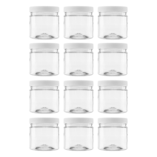 Clearview Containers - 12 Pack of 8 Ounce Plastic 1 Cup Jars with 70RM Leak Proof Seal Lid - Food Grade and BPA Free (8oz, 12pk)