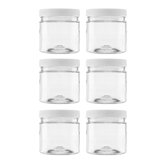 Pack of 6 Crystal Clear PET Plastic Wide Mouth Jars with Pressurized White Screw on cap lids and containers in the U.S.A.!!! (8 ounce) É