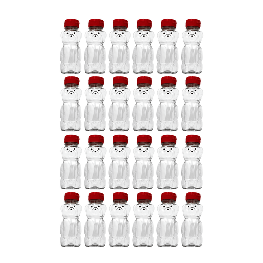 Clearview Containers - 24 Pack of 12 Ounce Clear Honey Bears with Sealable Red Flip Top Lids (12 oz. Clear Bear, 24pk, Red)
