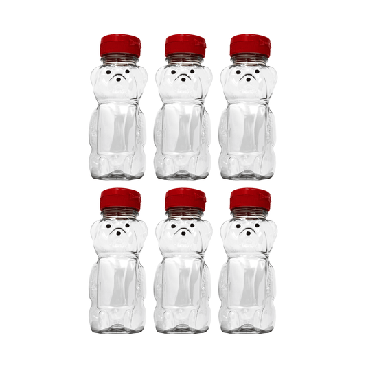 Clearview Containers - 6 Pack of 12 Ounce Clear Honey Bears with Sealable Red Flip Top Lids (12 oz. Clear Bear, 6pk, Red)