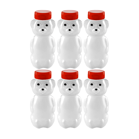 Clearview Containers - 6 Pack of 12 Ounce Cloudy Honey Bears with Sealable Red Flip Top Lids (12 oz. Cloudy Bear, 6pk, Red)