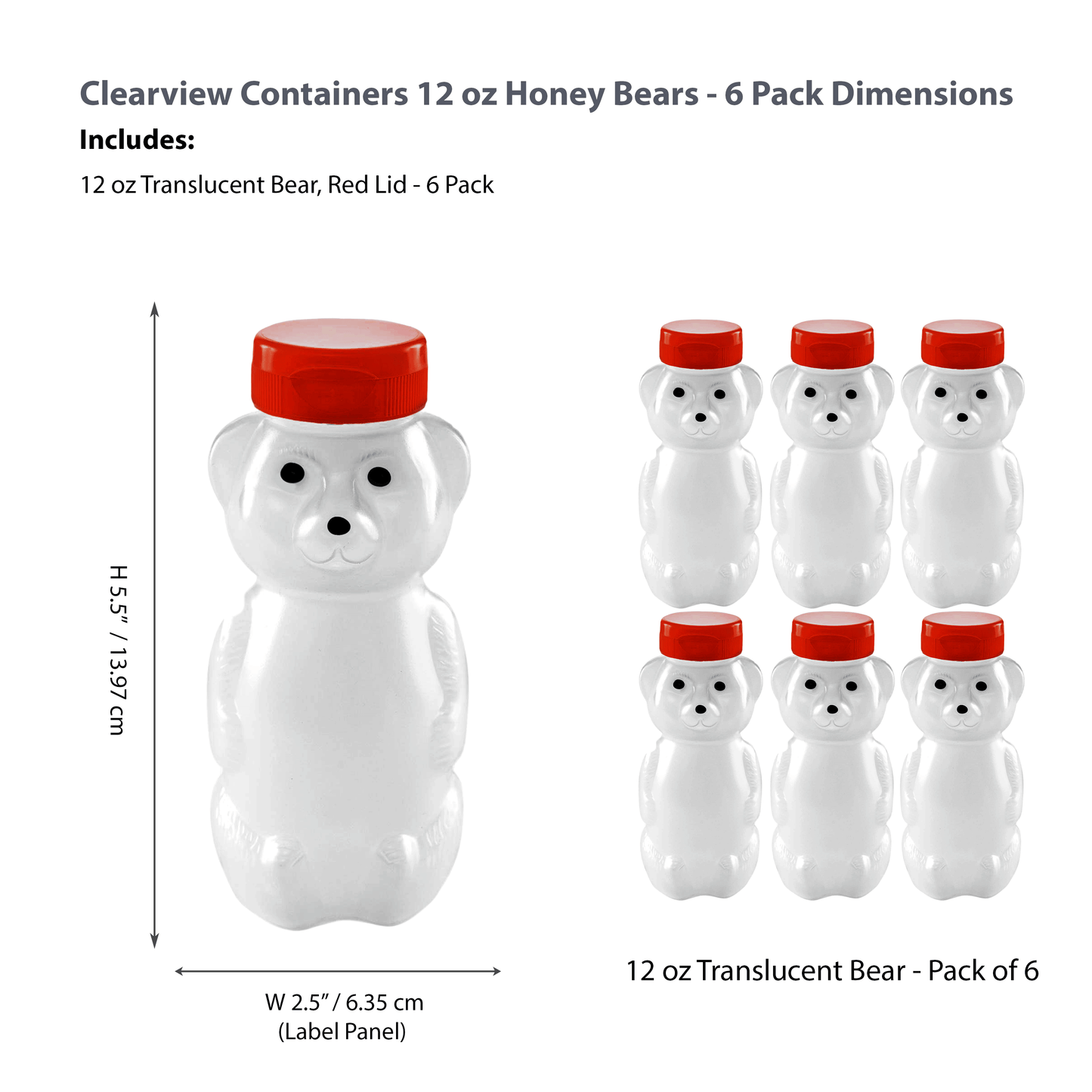 Clearview Containers - 6 Pack of 12 Ounce Cloudy Honey Bears with Sealable Red Flip Top Lids (12 oz. Cloudy Bear, 6pk, Red)