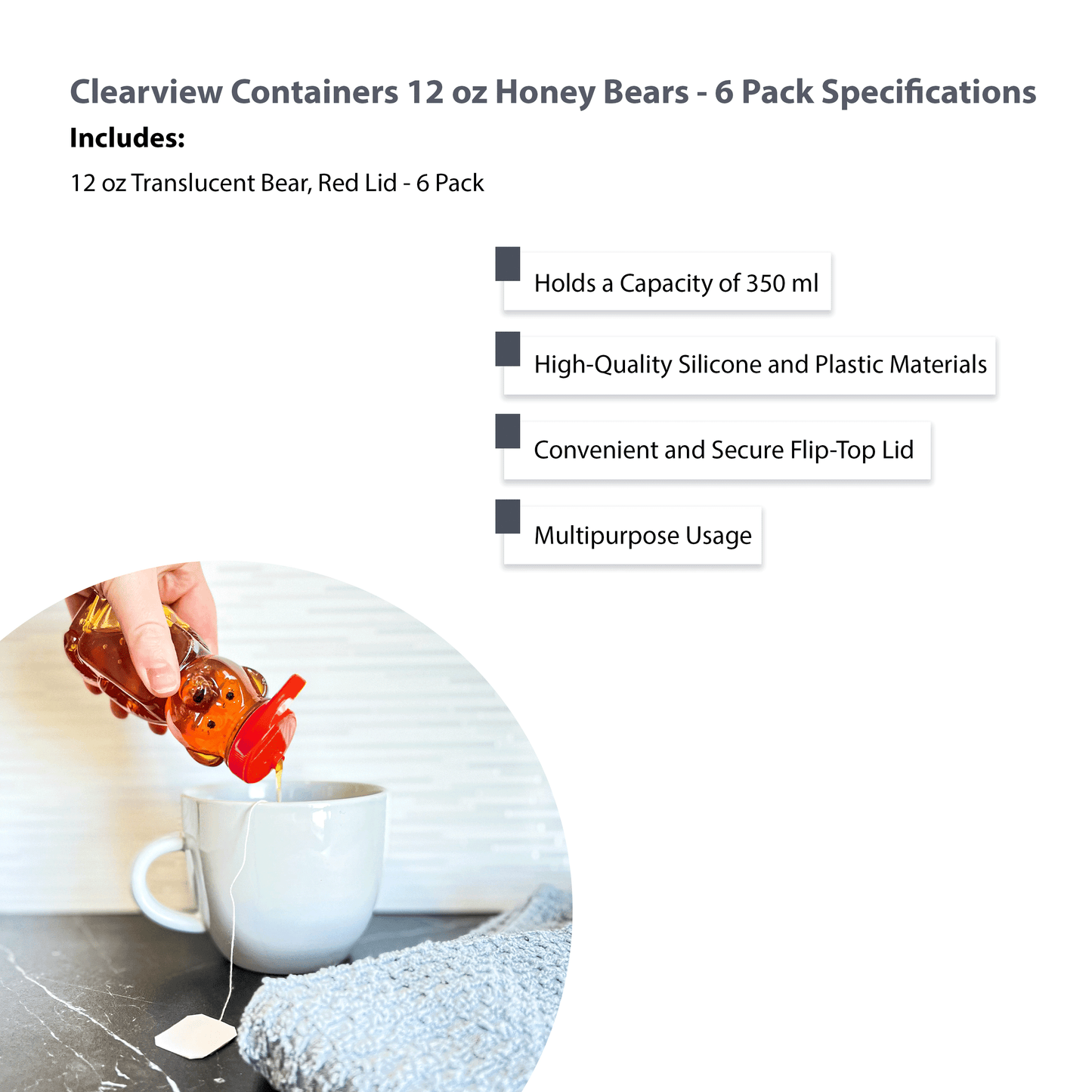 Clearview Containers - 6 Pack of 12 Ounce Cloudy Honey Bears with Sealable Red Flip Top Lids (12 oz. Cloudy Bear, 6pk, Red)