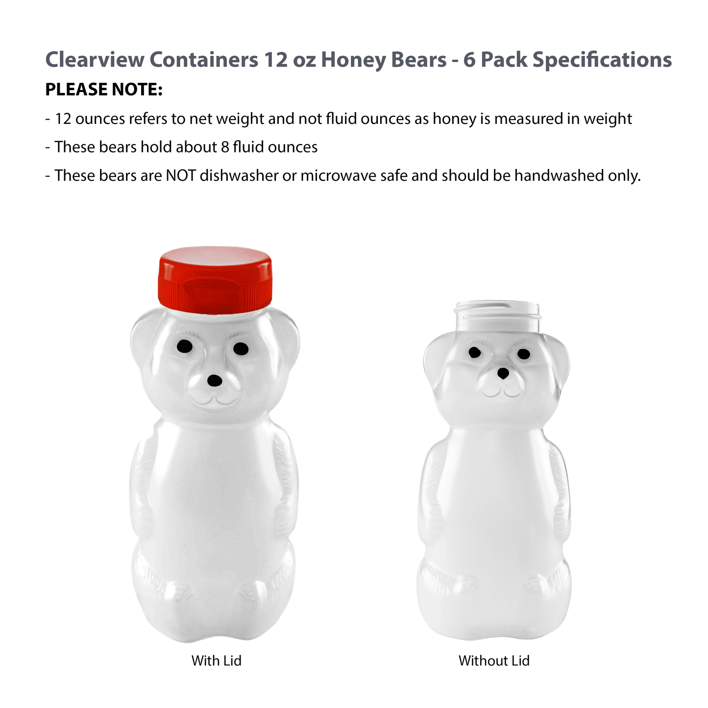 Clearview Containers - 6 Pack of 12 Ounce Cloudy Honey Bears with Sealable Red Flip Top Lids (12 oz. Cloudy Bear, 6pk, Red)