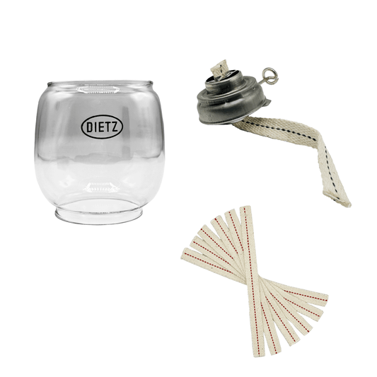 Light of Mine - Dietz #01, #30 Little Wizard Oil Lantern Replacement Kit Including Globe, Burner, and 100% Cotton 5/8" Wick Strips (Little Wizard)